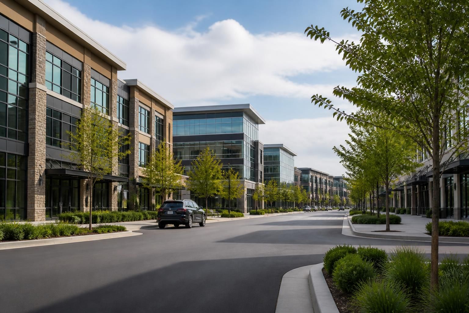 Modern suburban business district with clean streets and buildings.