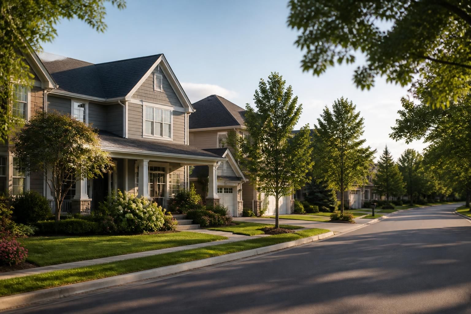 Spacious homes and green lawns along a tree-lined road.