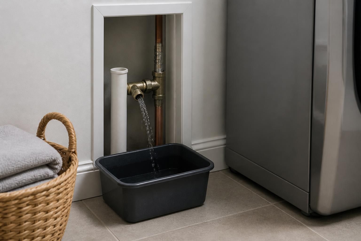 Clean utility area with a contained plumbing emergency.