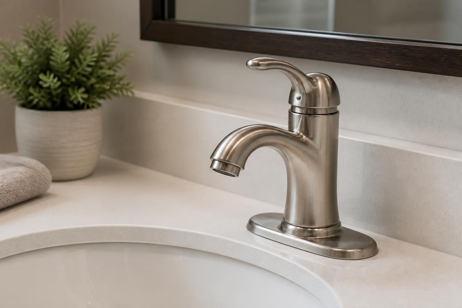 Repaired bathroom faucet with a clean sink and countertop.
