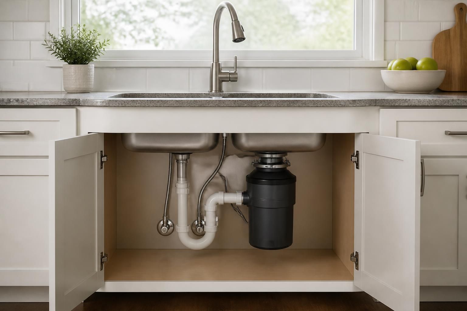 Clean kitchen sink and garbage disposal area under the cabinet.