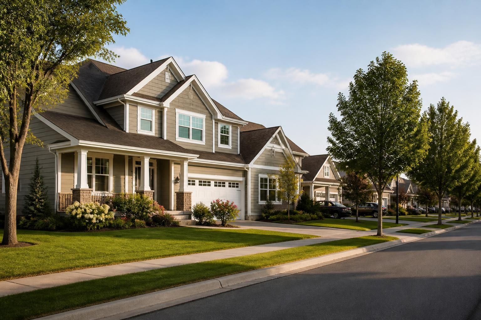Clean homes and manicured yards along a quiet residential road.