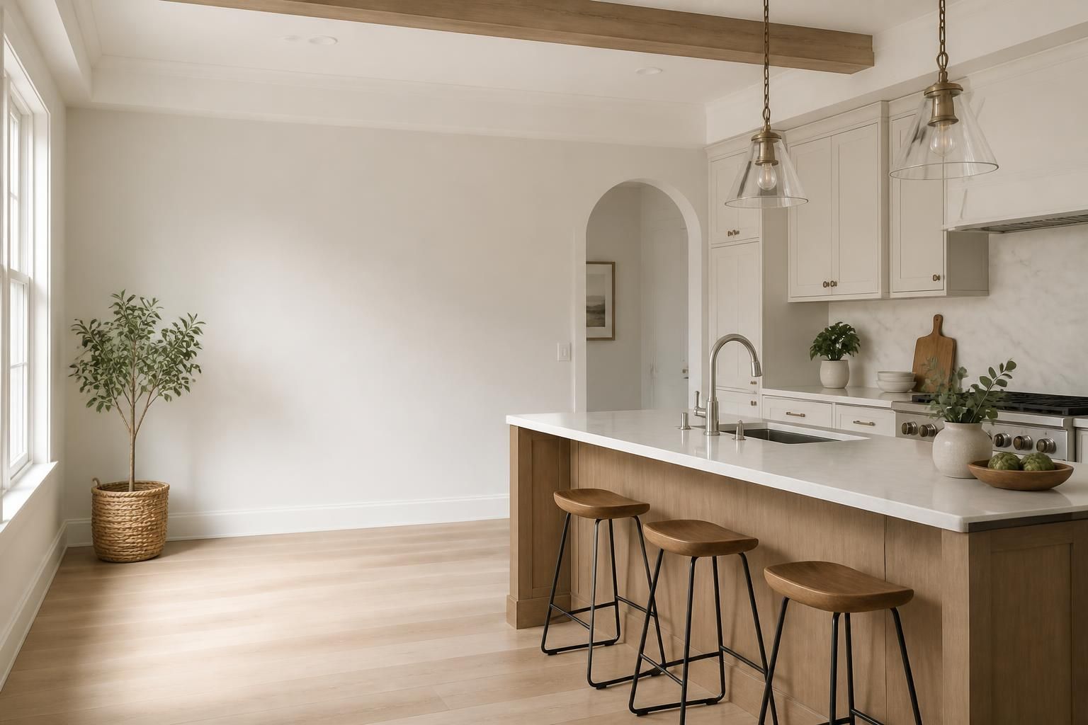 Bright finished kitchen with polished plumbing fixtures and open space.