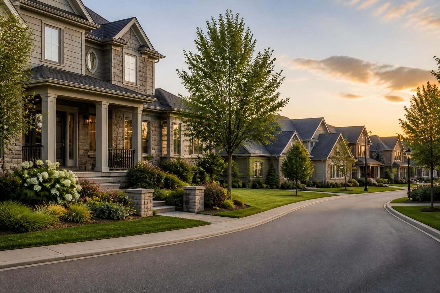 Planned community with well-kept homes and landscaped greenery.