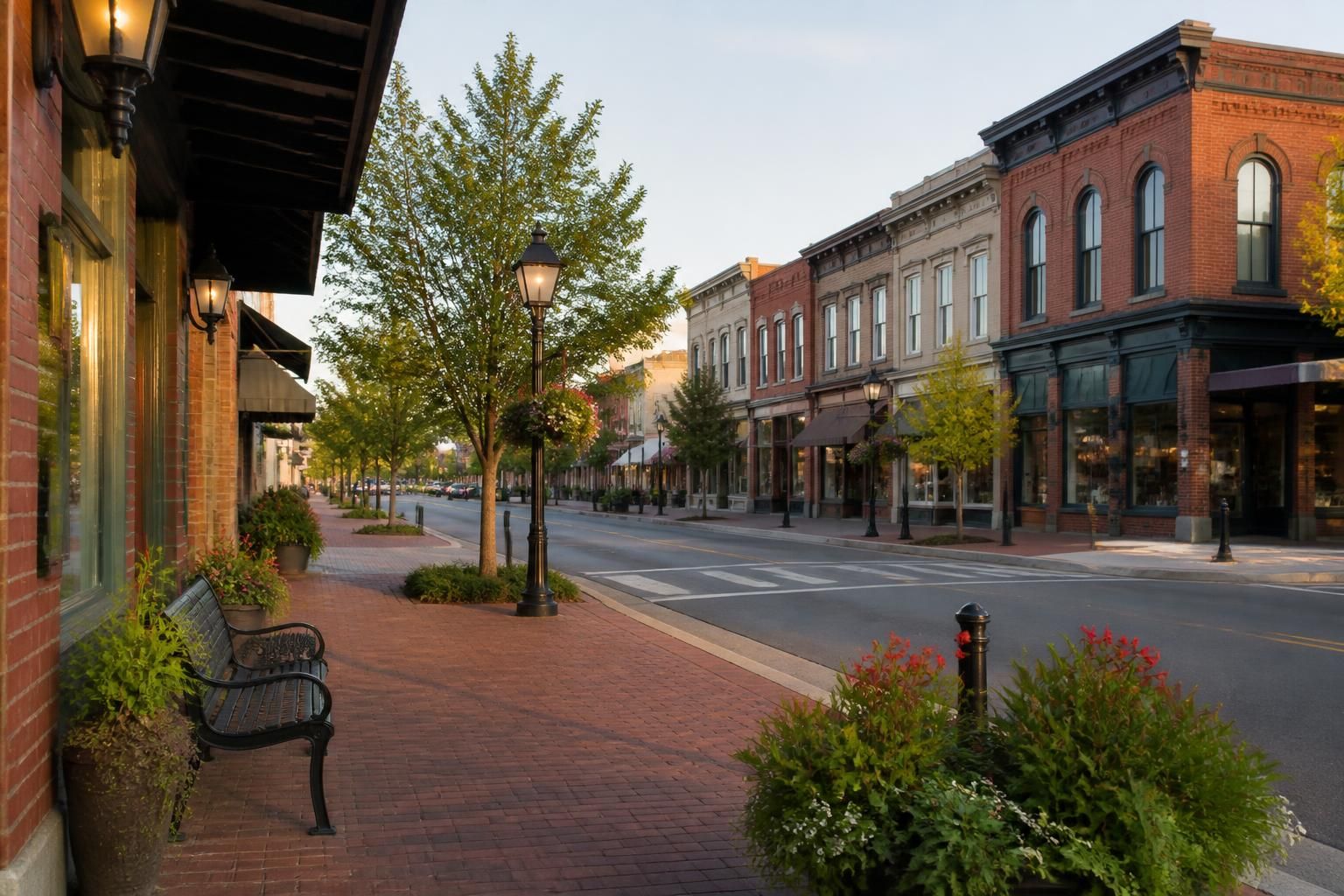 Historic downtown street with brick buildings and tidy sidewalks.