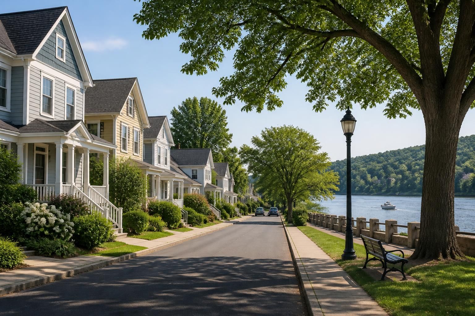 Peaceful riverside neighborhood with clean homes and leafy trees.