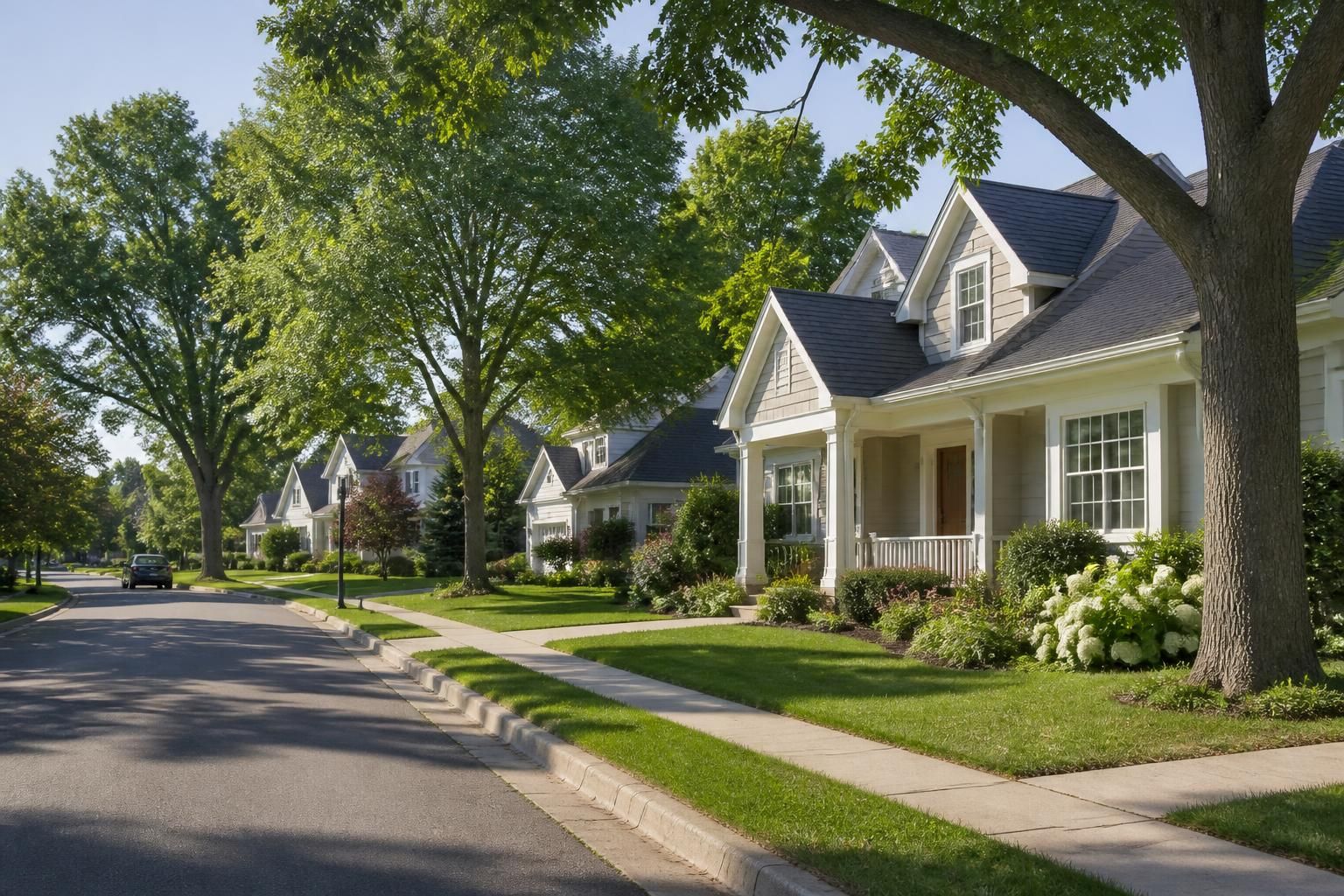 Welcoming suburban neighborhood street with clean homes and trees.
