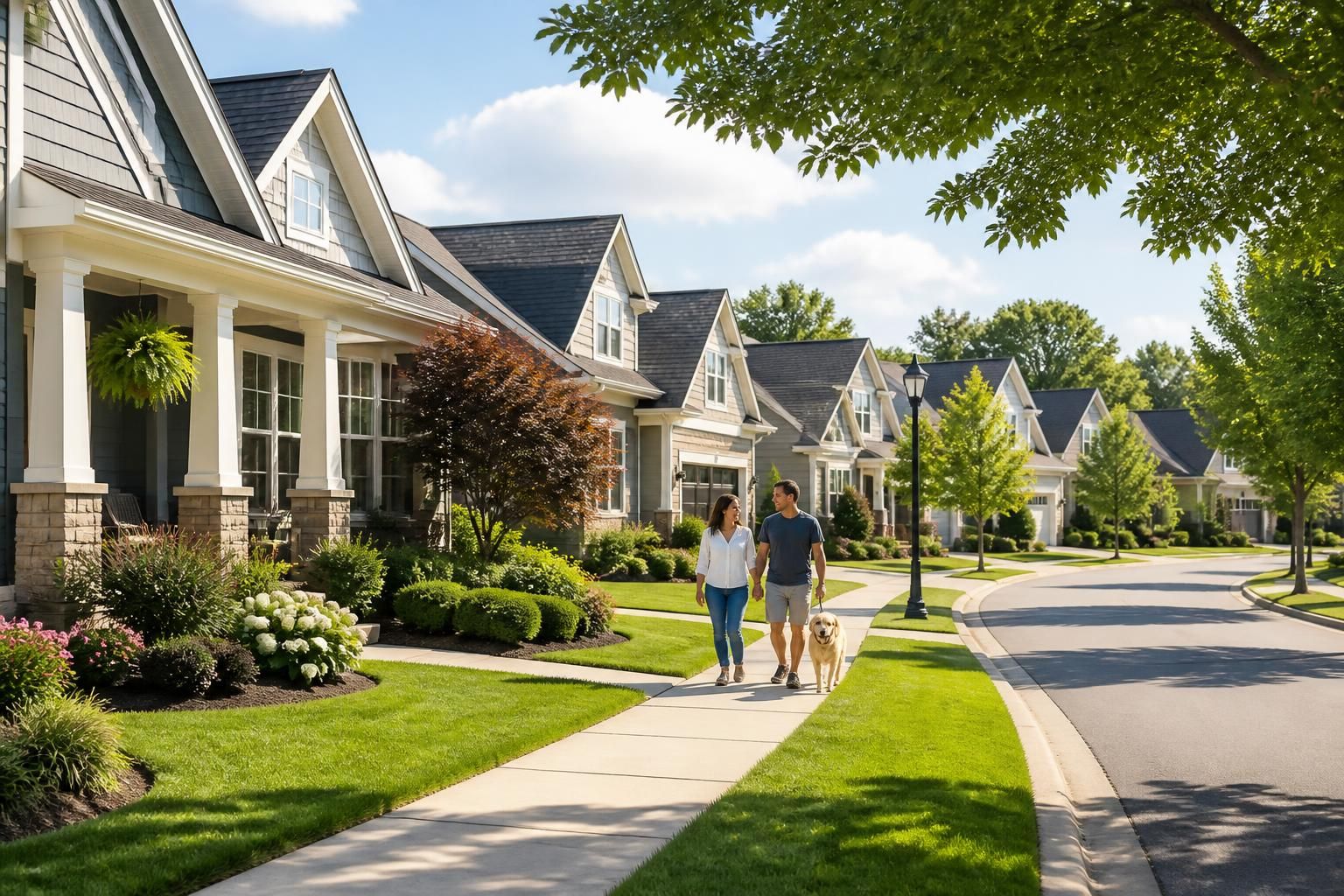 Well-kept suburban homes and landscaped lawns on a residential street.