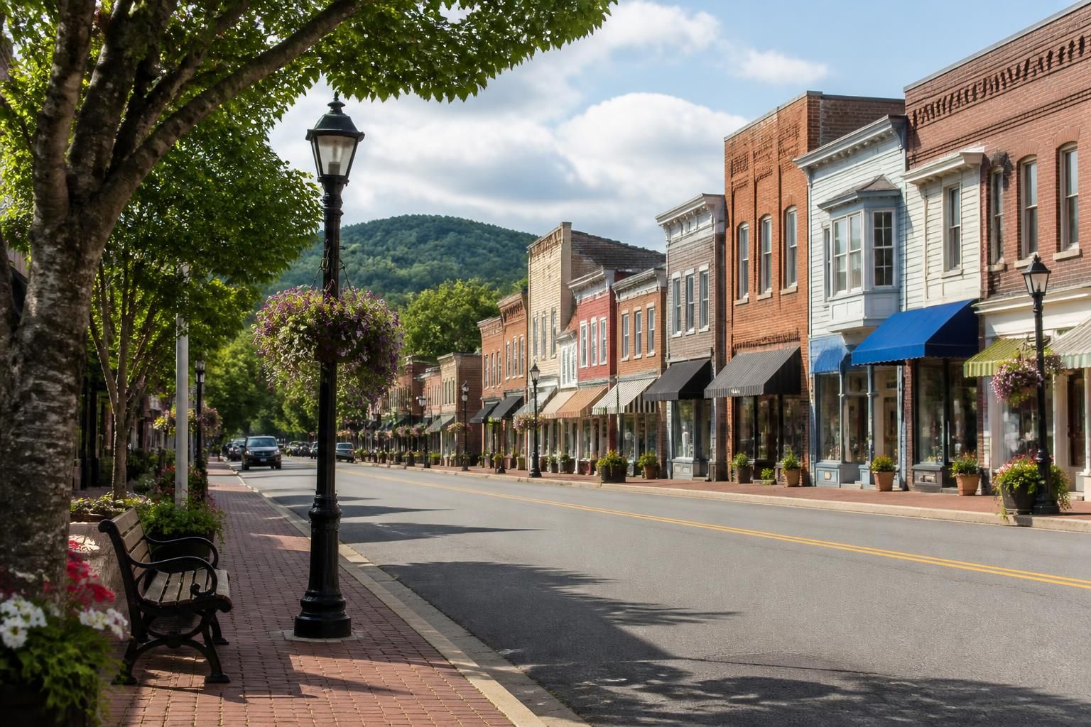Historic small-town street with neat storefronts and clean sidewalks.