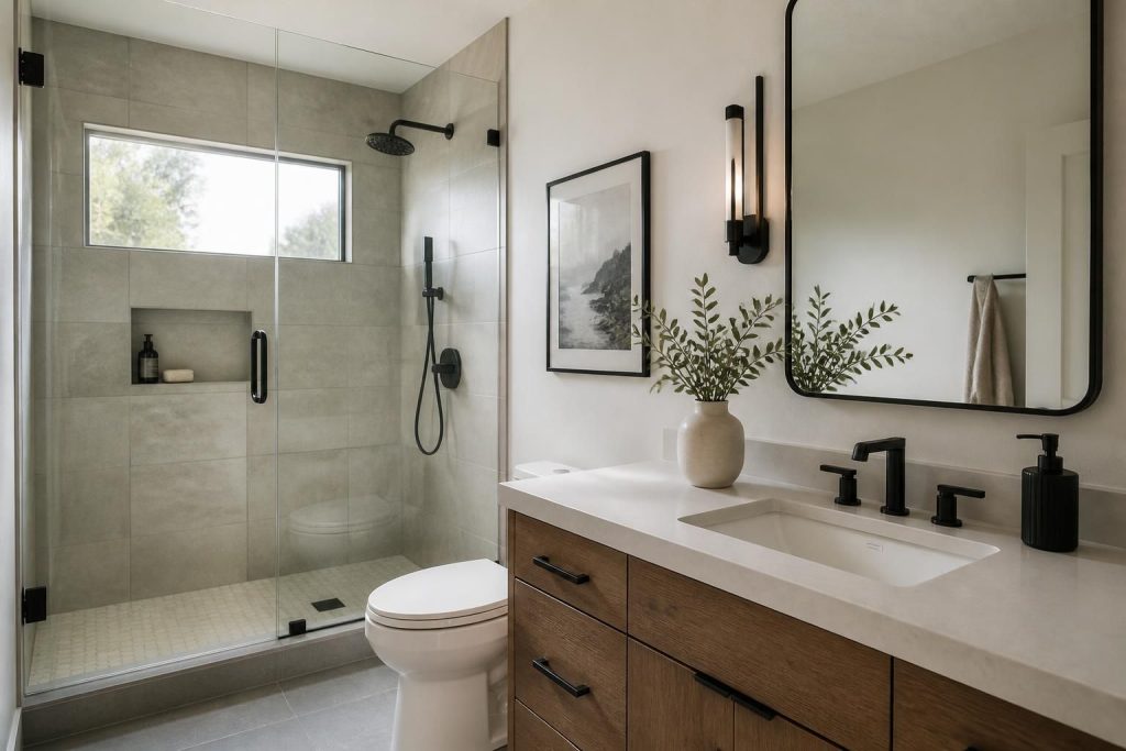 Finished bathroom with modern shower and polished sink fixtures.