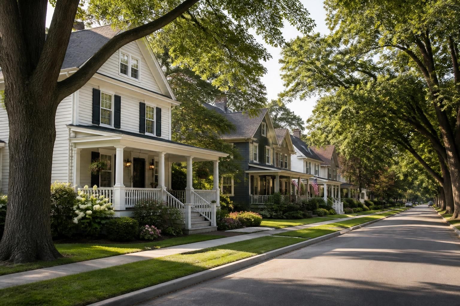 Peaceful small-town neighborhood with classic homes and mature trees.