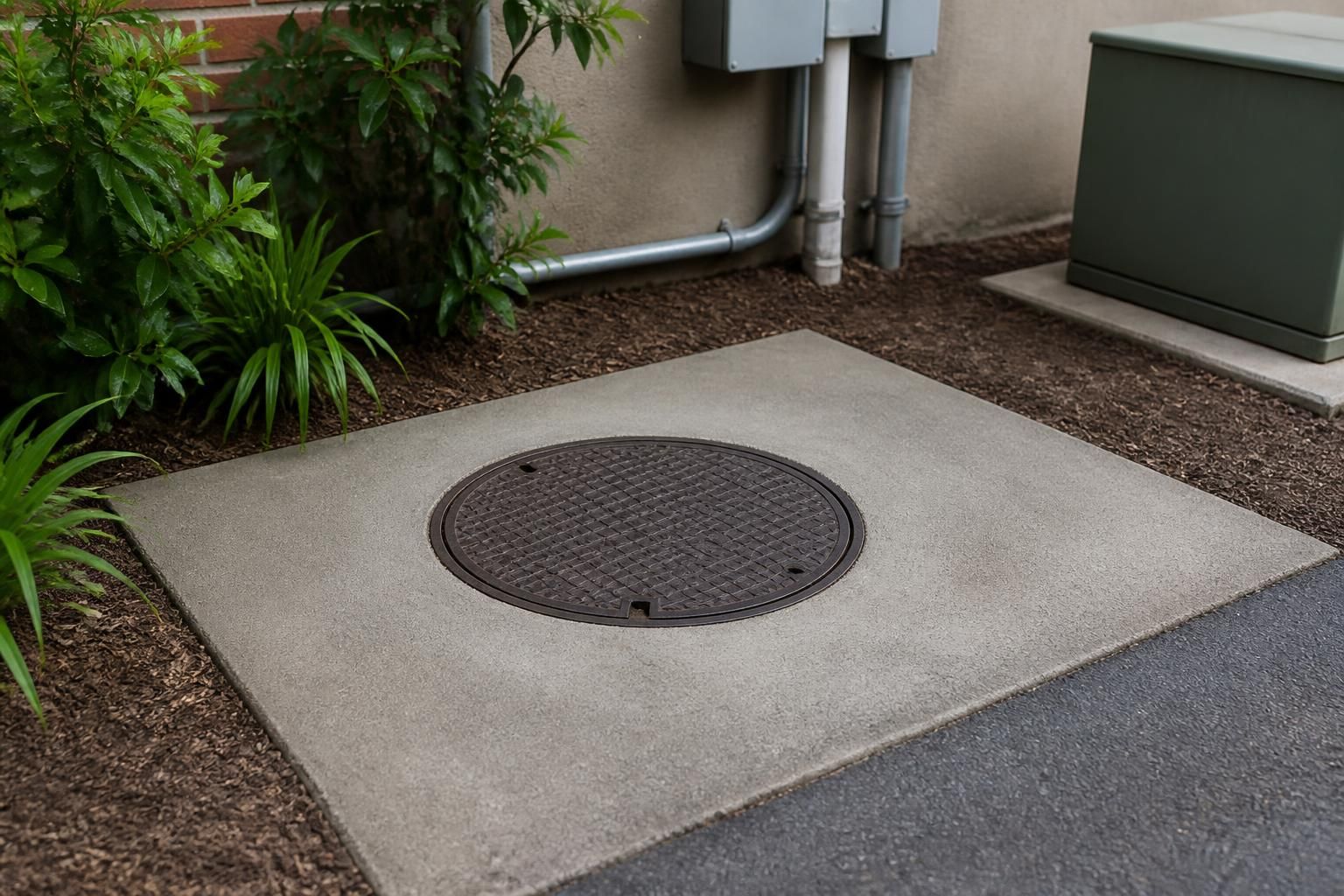 Repaired sewer access area with clean restored surroundings.