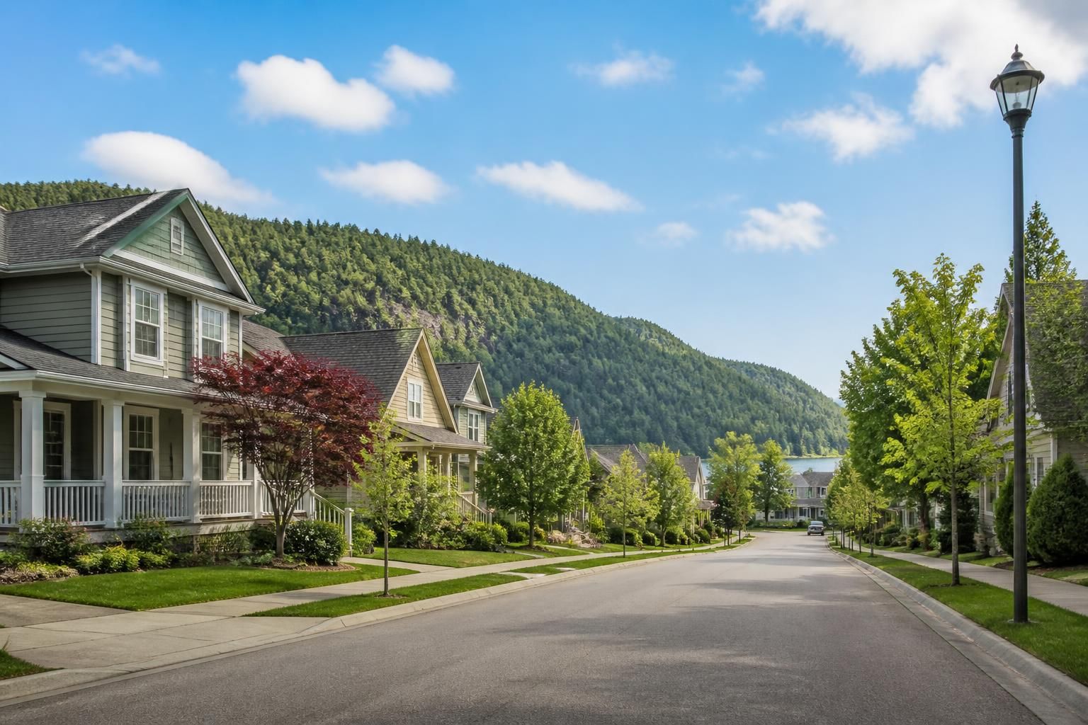Quiet small-town neighborhood with clean houses and open skies.