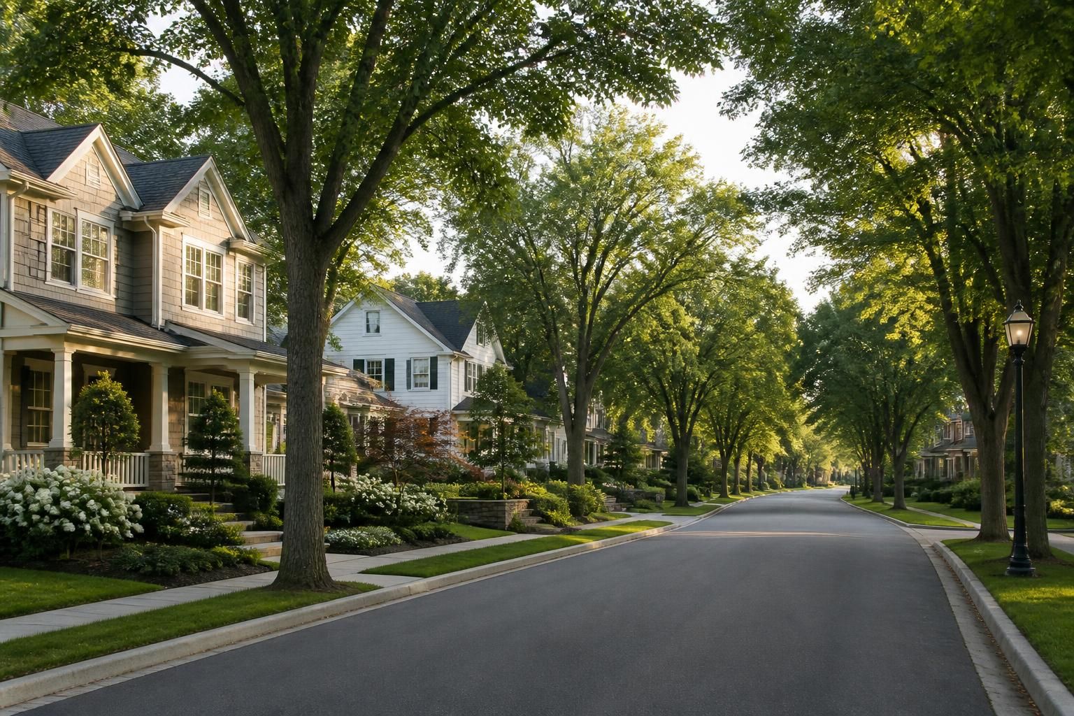 Tree-lined suburban roadway with attractive homes.