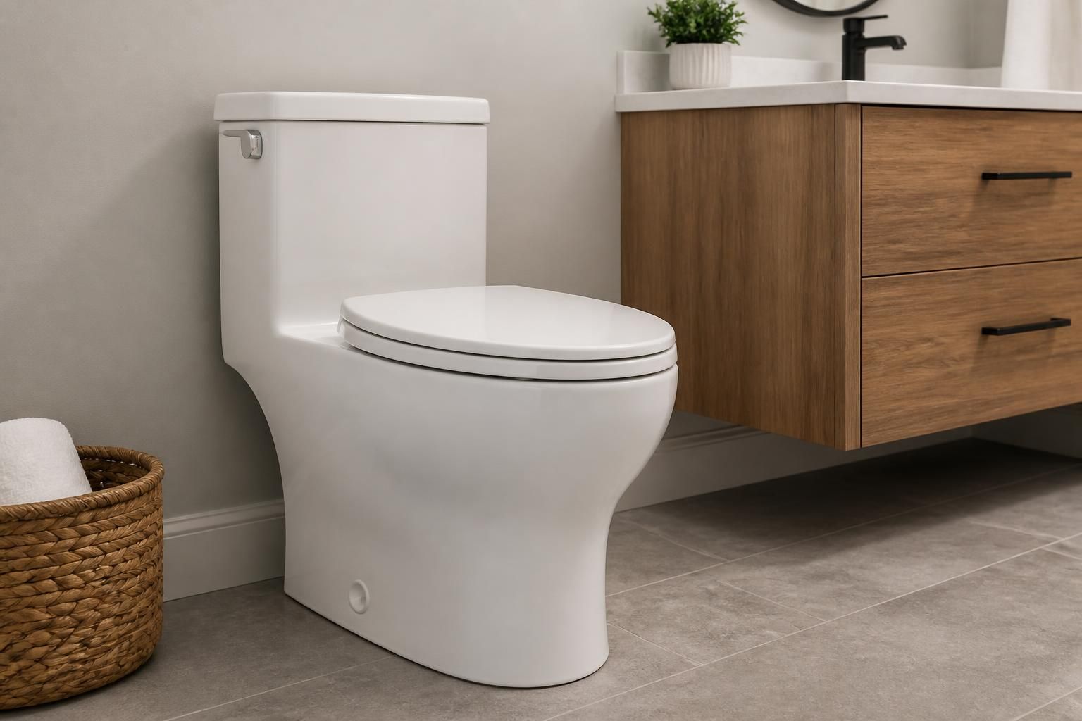 Pristine bathroom with a clean installed toilet.
