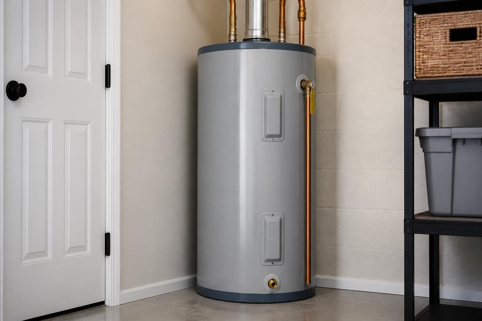 Newly installed water heater in a clean utility room.