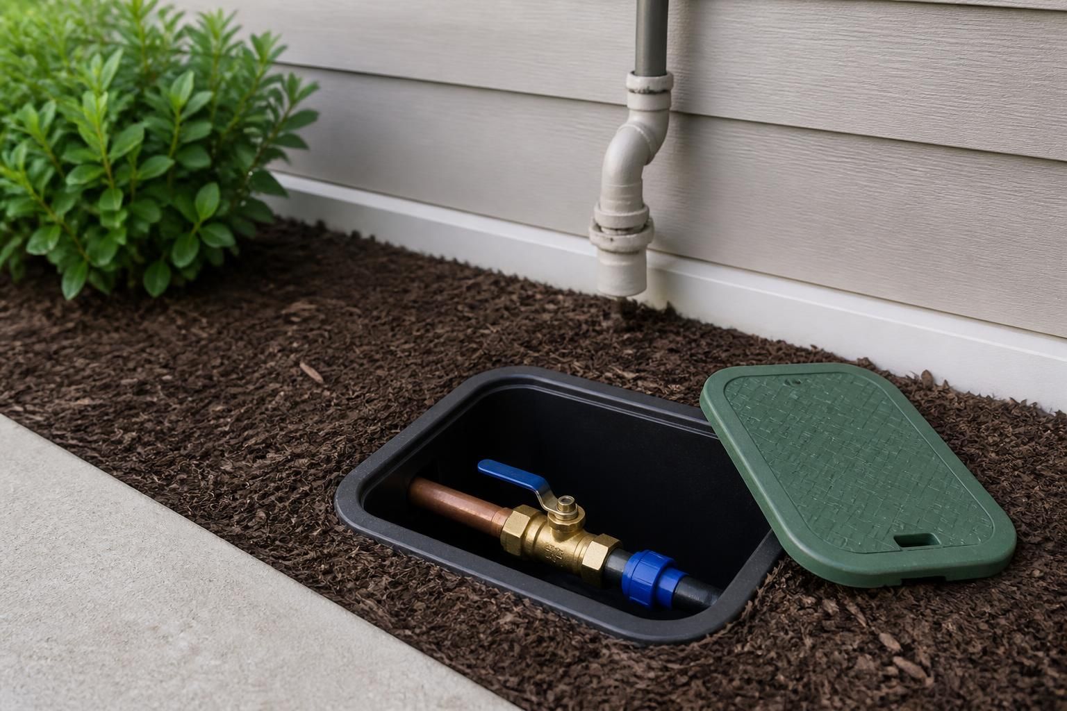 Clean exterior water line access area with neat plumbing connections.